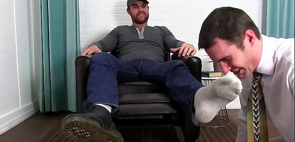  Dominant inked jock toe licked by soft office stud